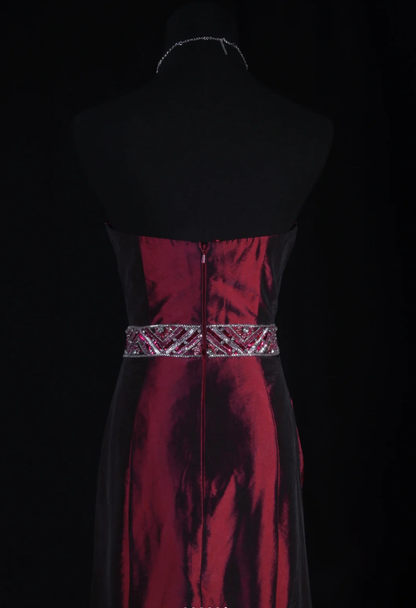 Elegant Strapless Satin Beaded Party Dress Burgundy Mermaid Long Prom Gown D2233