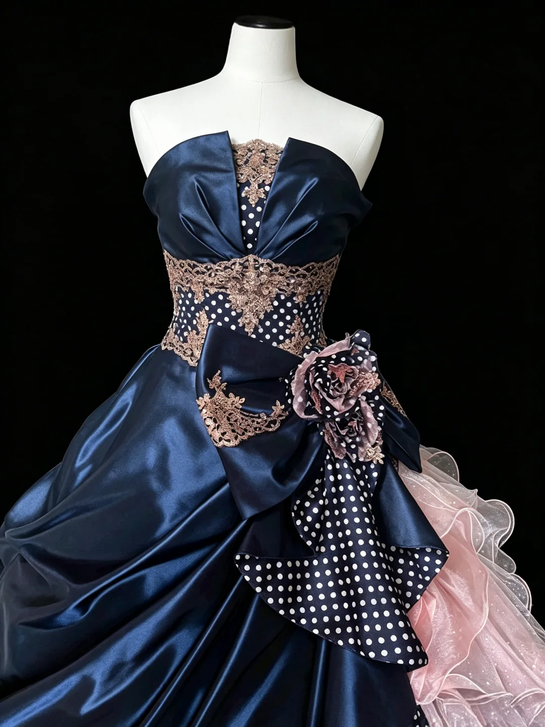 Retro Ball Gown Navy Blue Pink Satin Tulle Appliques Quinceanera Dress With Bow D5279