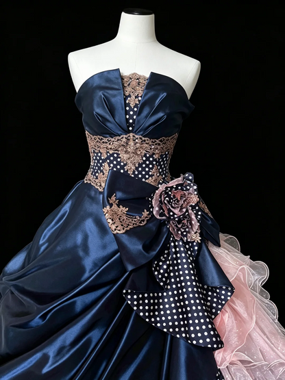 Retro Ball Gown Navy Blue Pink Satin Tulle Appliques Quinceanera Dress With Bow D5279