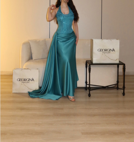 Fashion Green Halter Satin Mermaid Long Party Dress Prom Gown D4976