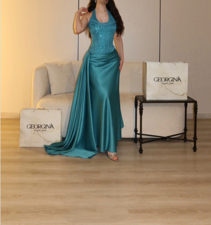 Fashion Green Halter Satin Mermaid Long Party Dress Prom Gown D4976