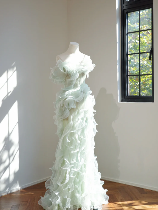 Chic Mint Green Strapless Sequin 3D Tulle Ruffles Mermaid Long Evening Dress Party Gown D2154