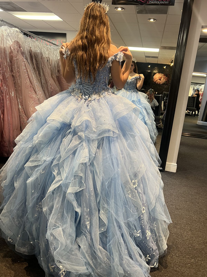 Pretty Blue V Neck Off The Shoulder Tulle Sequin Beaded Ball Gown Formal Quinceanera Dress With Appliques D1007