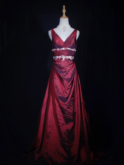 Vintage Burgundy V Neck Satin Embroidery Floral Mermaid Long Wedding Guest Dress Formal Birthday Evening Gown D2285