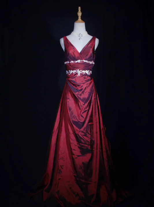 Vintage Burgundy V Neck Satin Embroidery Floral Mermaid Long Wedding Guest Dress Formal Birthday Evening Gown D2285