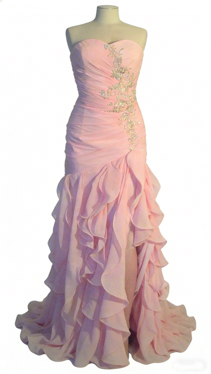 Pretty Pink Strapless Chiffon Pleated Ruffles Mermaid Evening Dress Long Wedding Guest Dress D1917