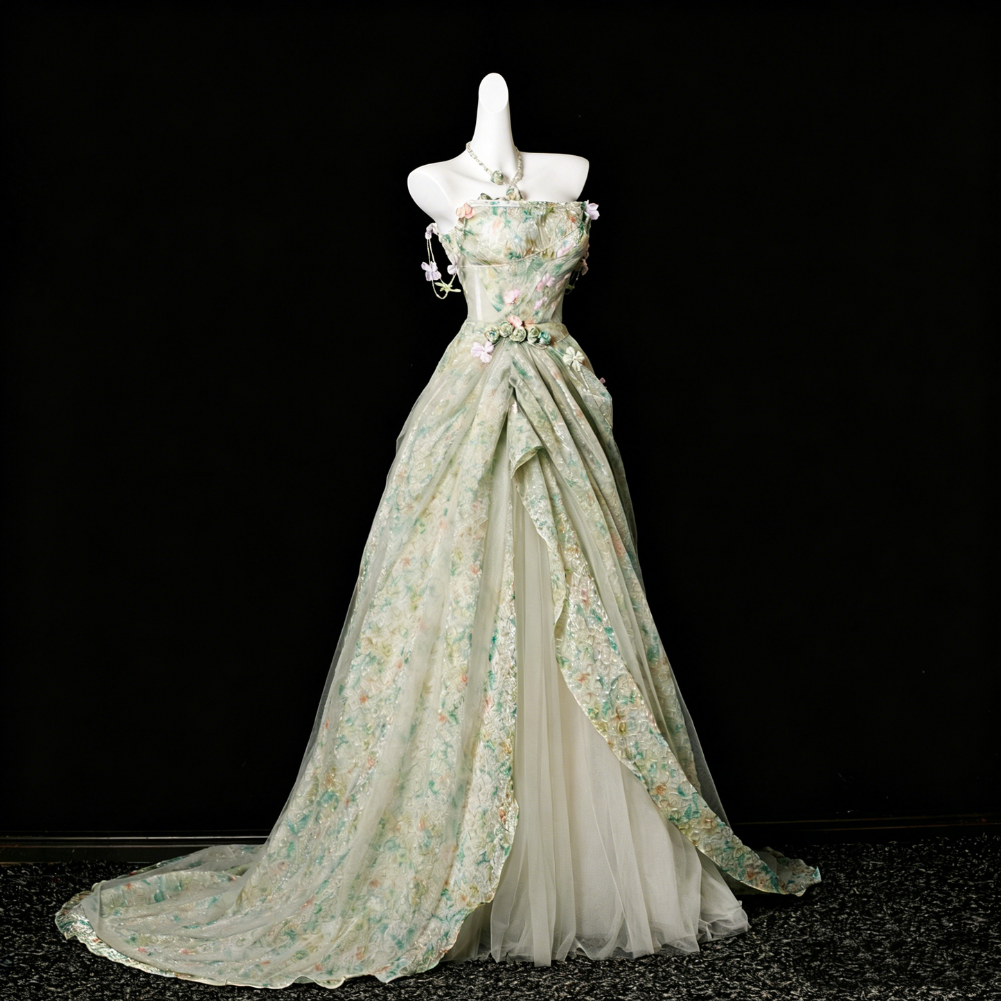 Elegant Green Print Tulle Strapless Flower Prom Dress Long Evening Gown D2969