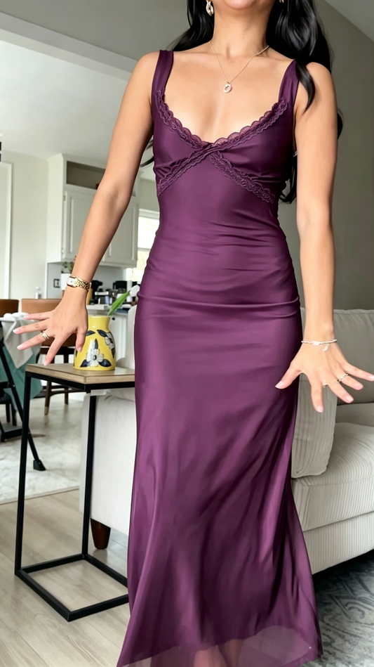 Sexy Spaghetti Straps Satin Chiffon Long Wedding Guest Dress,Dark Purple Mermaid Evening Dress D3481