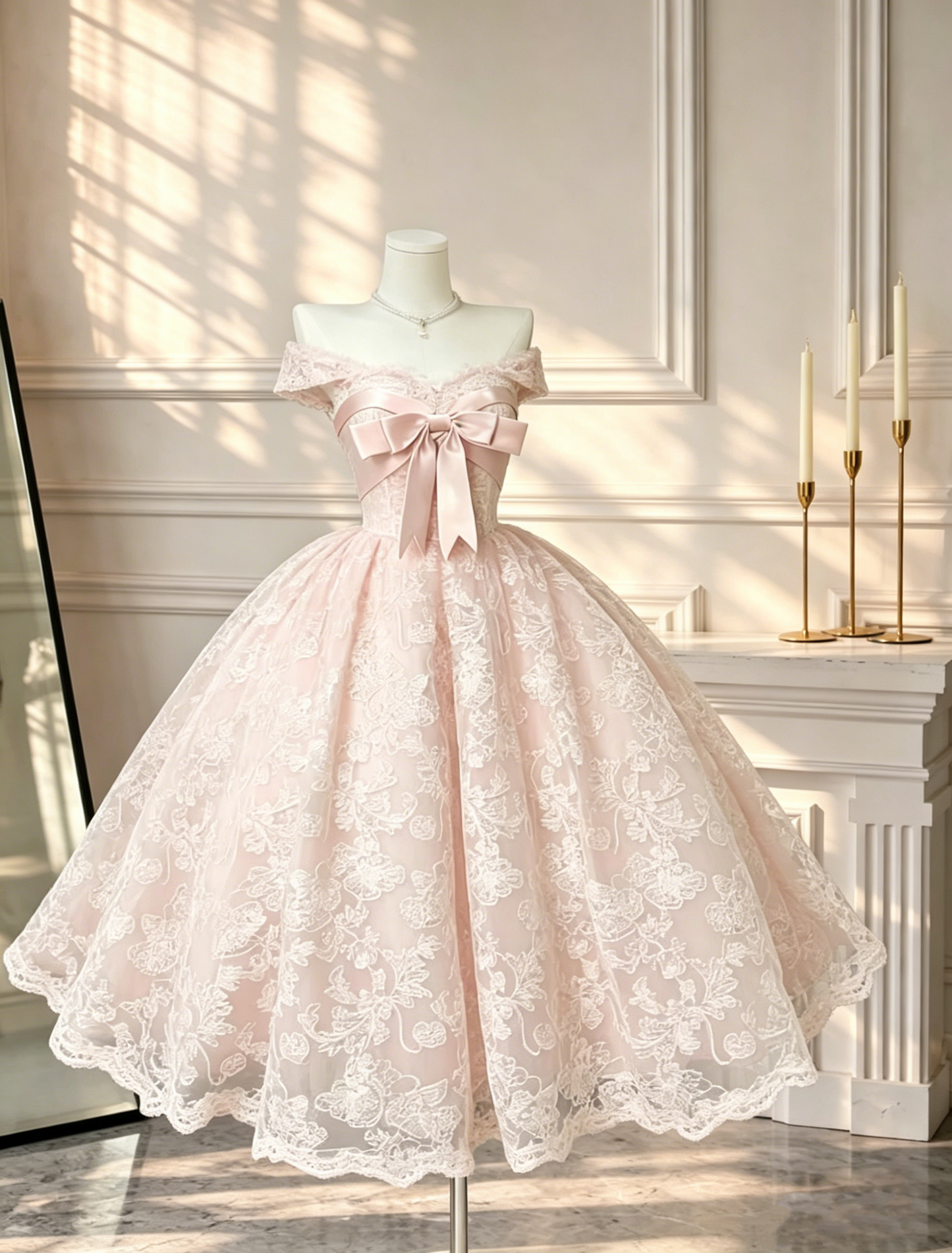 Sweet Pink Lace A Line Midi-length Prom Dress Off The Shoulder 15th Birthday Dress Homecoming Dress D2536