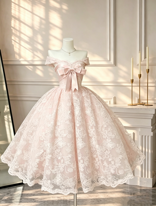 Sweet Pink Lace A Line Midi-length Prom Dress Off The Shoulder 15th Birthday Dress Homecoming Dress D2536