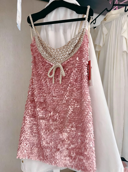 Pretty Pink Spaghetti Straps Sequin Beaded Short Homecoming Dress Cocktail Dress D3286