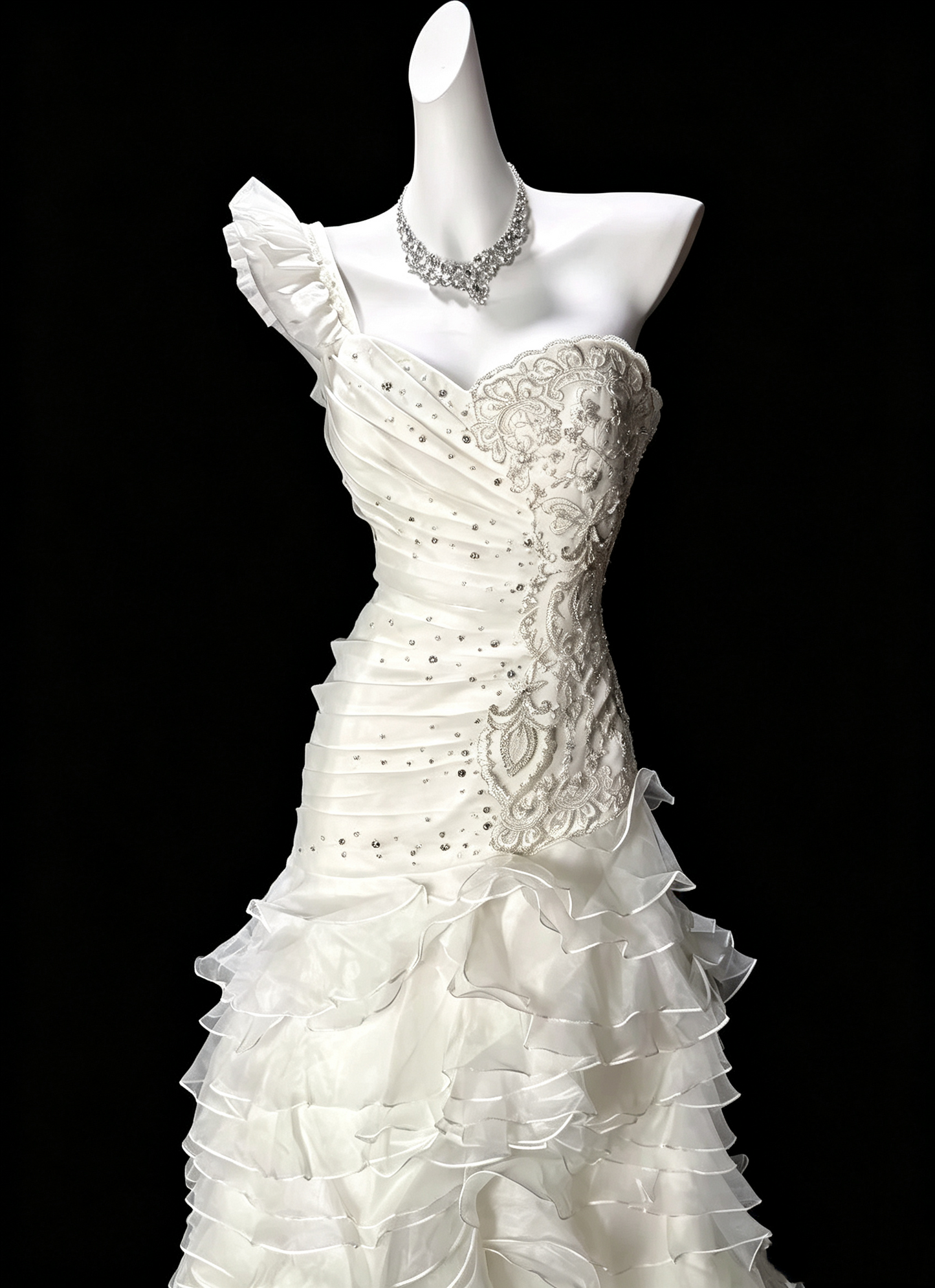 Glamorous One Shoulder Tulle Pleated Ruffled Mermaid Evening Dress,White Long Party Gown With Beads D3645