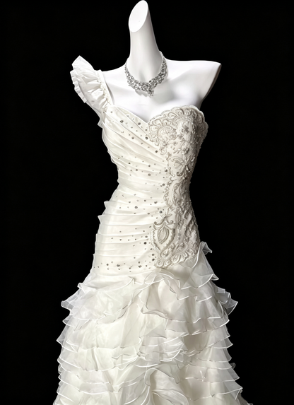 Glamorous One Shoulder Tulle Pleated Ruffled Mermaid Evening Dress,White Long Party Gown With Beads D3645