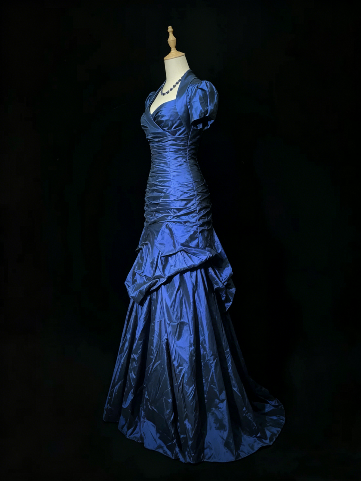 Vintage Blue Satin Pleated Mermaid Long Party Gown Formal Prom Dress D753