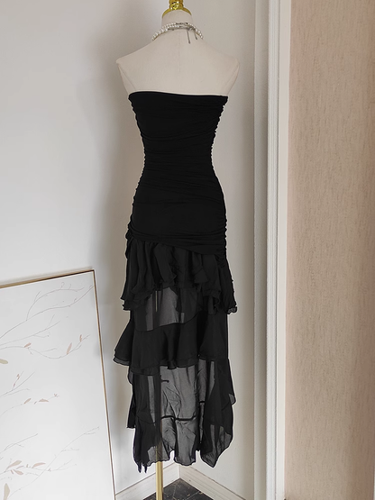 Sexy High Low Strapless Black Chiffon Ruffles Vacation Dress Women Dresses SD140