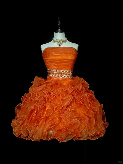Unique Orange Tulle Pleated Beaded A Line Short 20th Birthday Outfits,Strapless Short Party Dress D4072