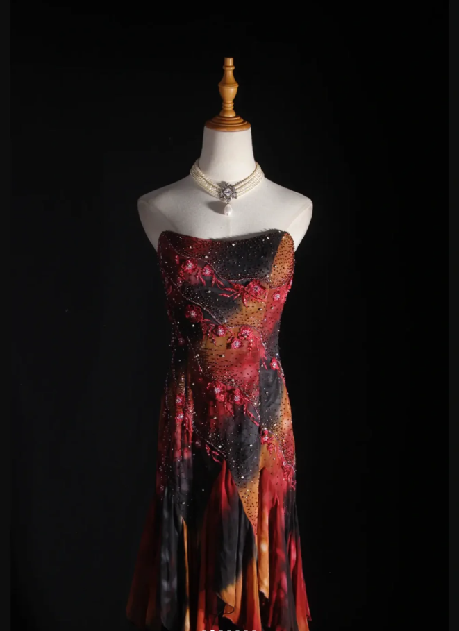 Vintage Embroidered Floral Chiffon Ruffle Mermaid Evening Dress Strapless Long Party Dress D2260