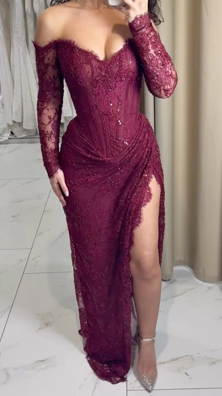 Sexy Off The Shoulder Lace Sheath Slit Party Dress Burgundy Long Birthday Prom Gowns D5399