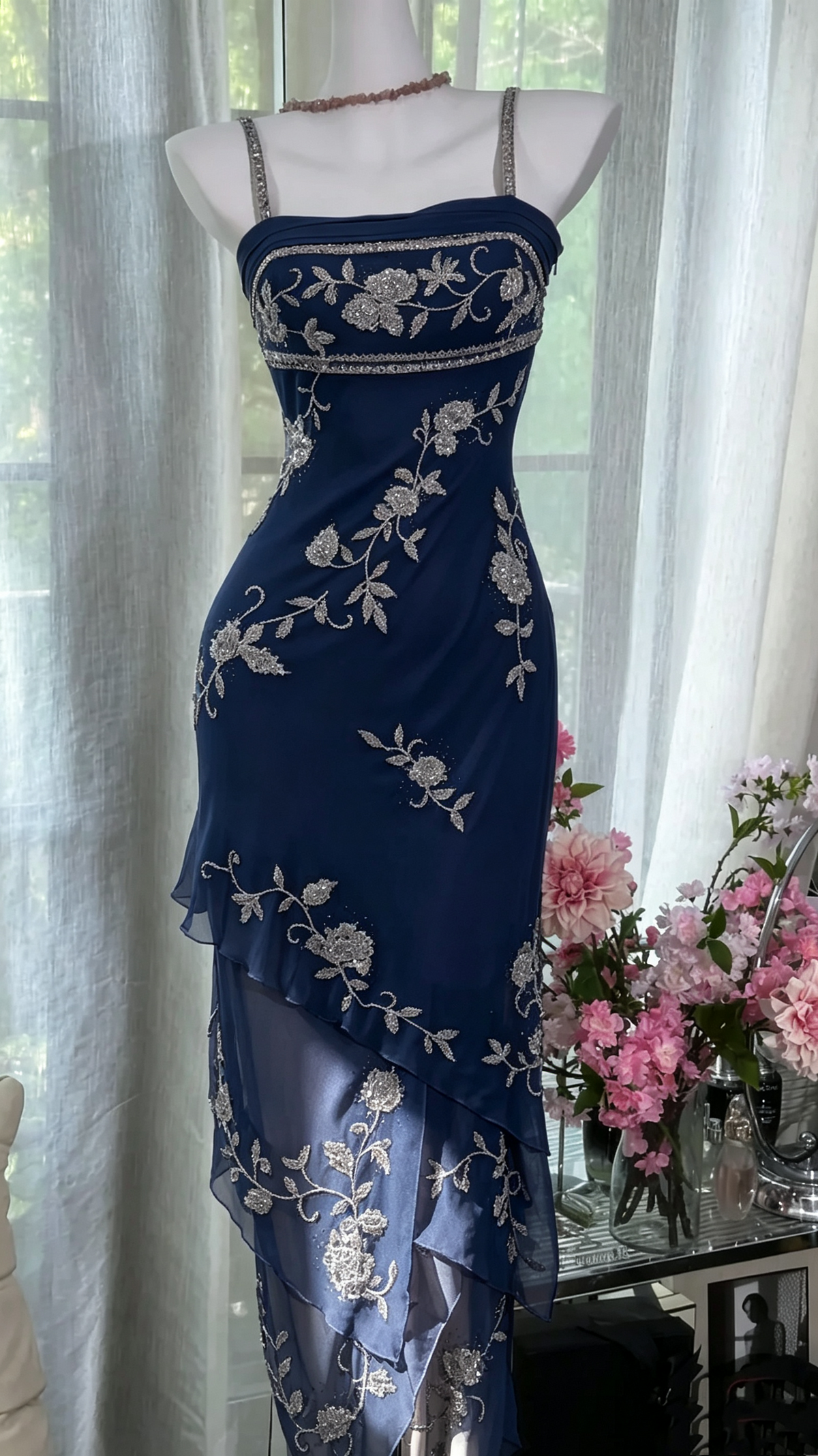 Sweet Spaghetti Straps Pink Chiffon Beaded Layered Mermaid Prom Dress Birthday Party Gown D1173