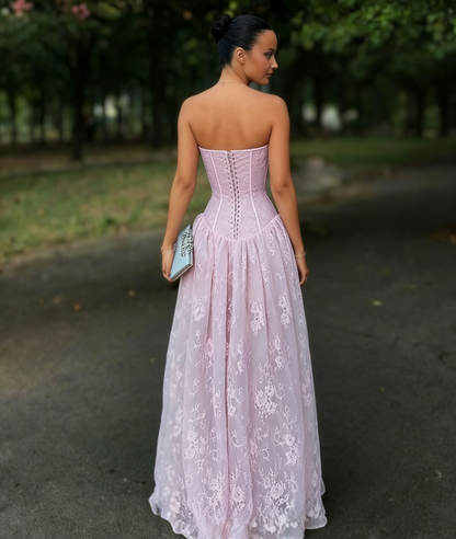 Glamorous Sweetheart Neck Pink Lace A-Line Long Prom Dress Evening Dresses D1499