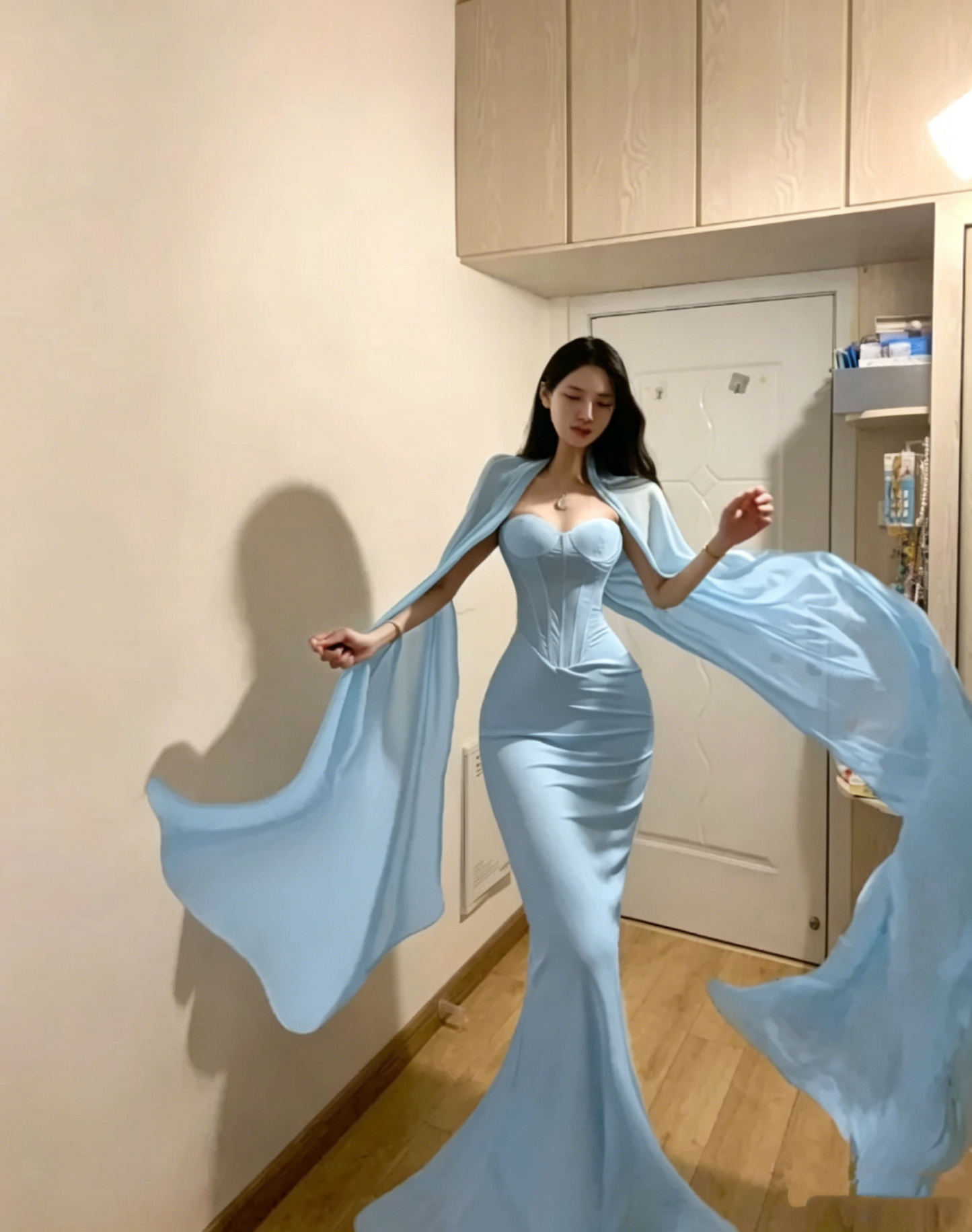 Classy Strapless Light Green Satin Mermaid Party Dress Long Evening Gown D839