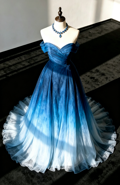 Pretty Strapless Off The Shoulder Ombre Blue Long Prom Dress Evening Gown D1392