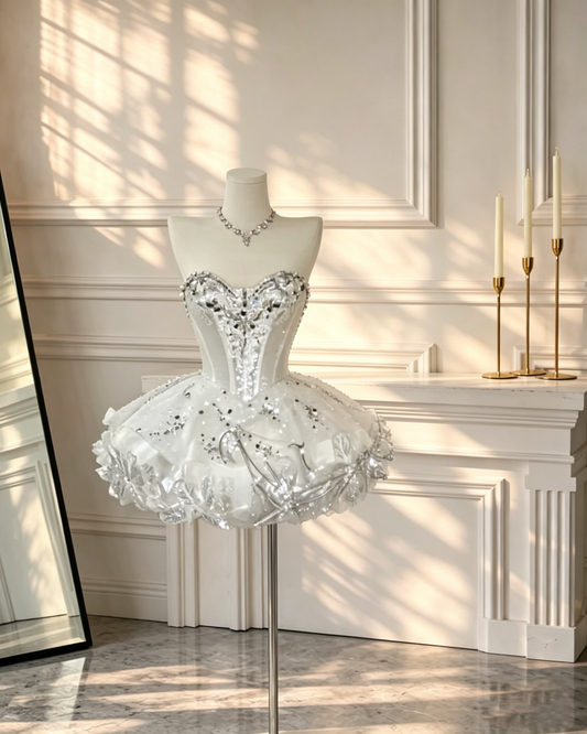 Shiny White Homecoming Dress Strapless Tulle Beaded Short 20th Birthday Outfits D2557