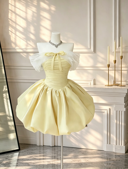 Cute Off The Shoulder Tulle Satin Short Prom Dress Yellow Mini 18th Birthday Outfits D2657