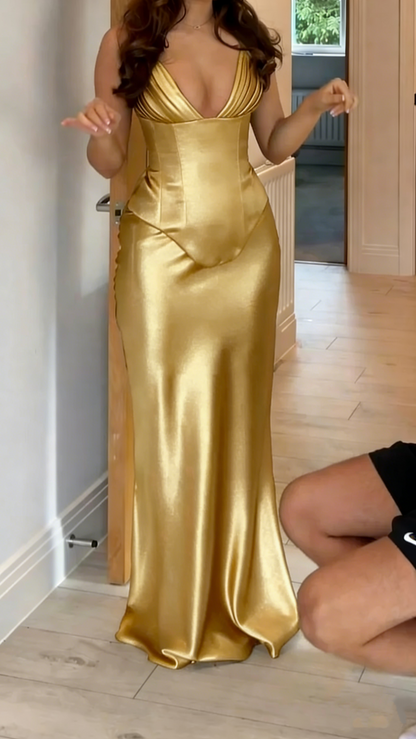 Classy Olive Green V Neck Satin Mermaid Party Dress Long Evening Gown D1354