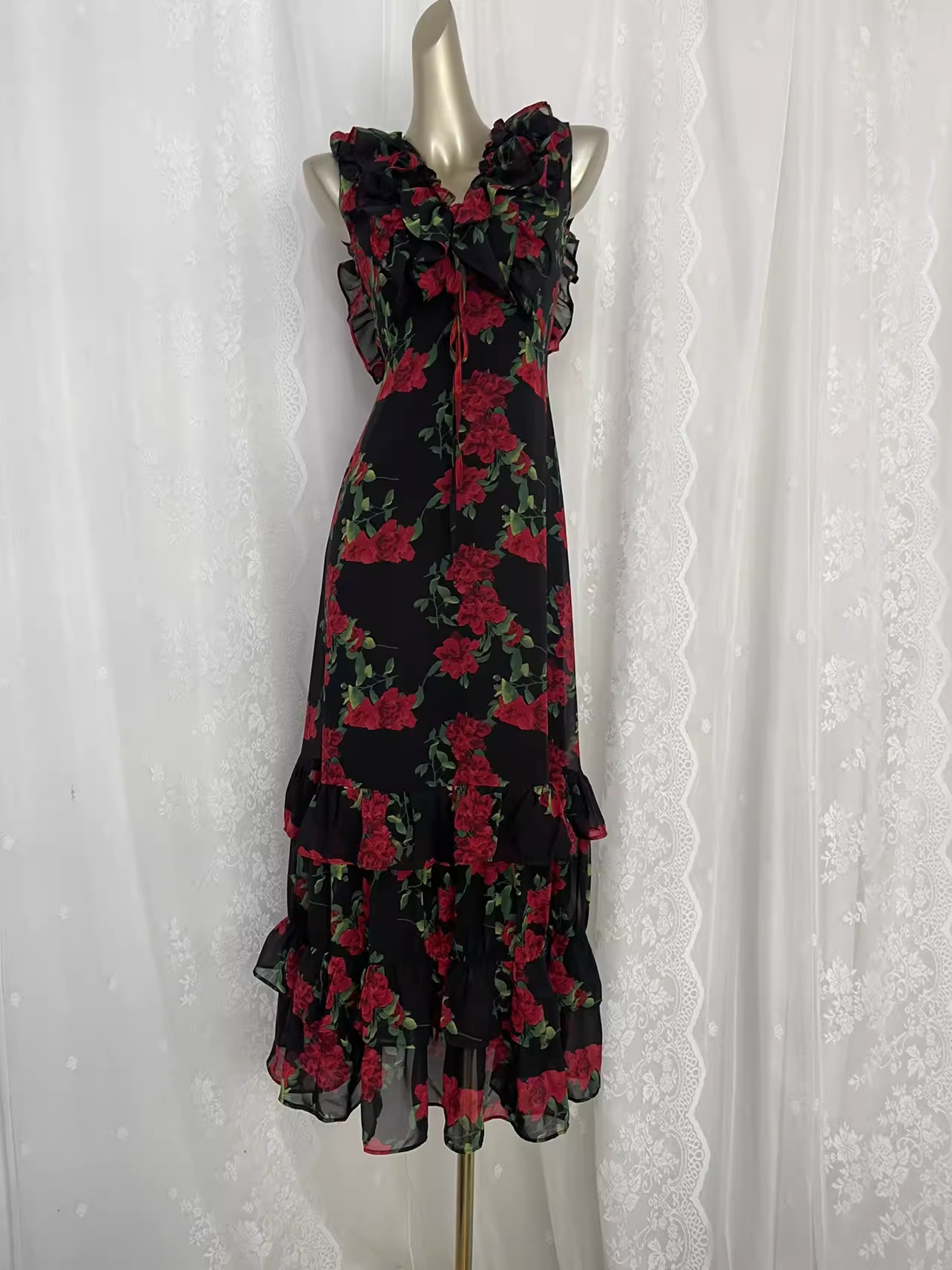 Vintage Red Rose V-neck Sexy Backless Travel Vacation Floral Beach Dress Long Dress SD001