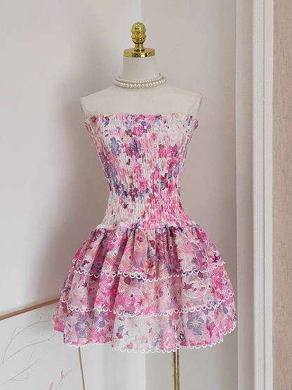 Cute A line Strapless Sleeveless Pink Floral Cocktail Dress Short Birthday Outfits SD388