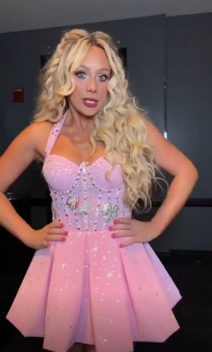 Pretty Pink Halter Satin Sequin Beaded Short Homecoming Dress Short Birthday Party Dress D4311