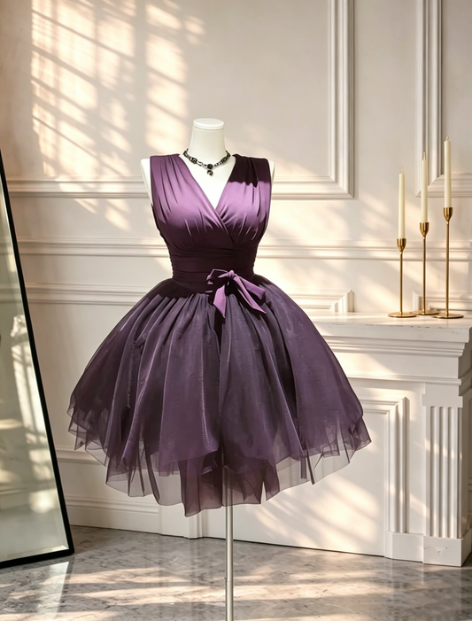 Pretty Purple V Neck Cocktail Dress Satin Tulle A Line Short Vacation Dress Birthday Dress D2556