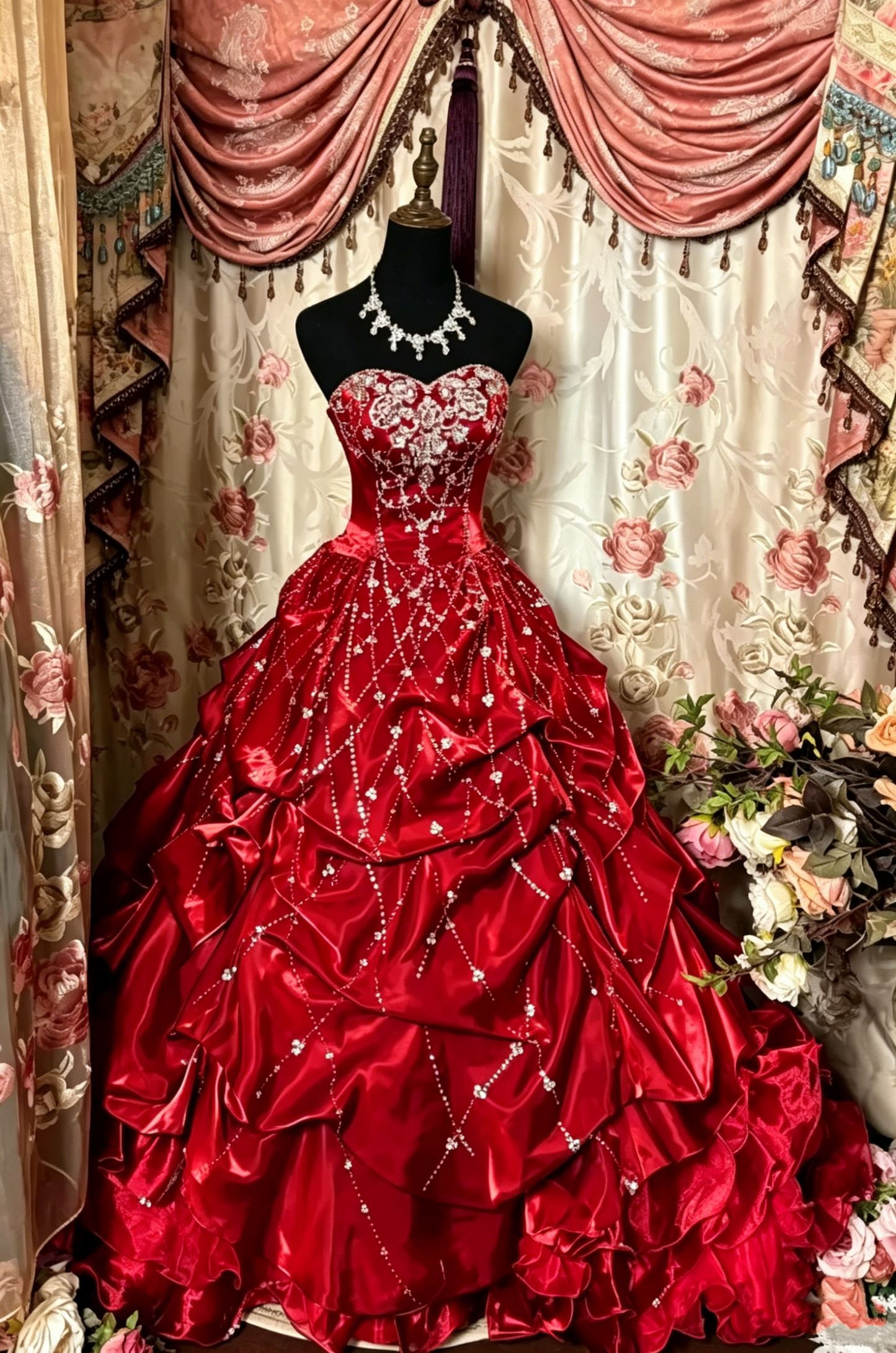 Vintage Strapless Burgundy Satin Pleated Beaded Ball Gown Sweet 16 Dress D928