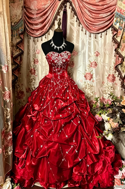 Vintage Strapless Burgundy Satin Pleated Beaded Ball Gown Sweet 16 Dress D928