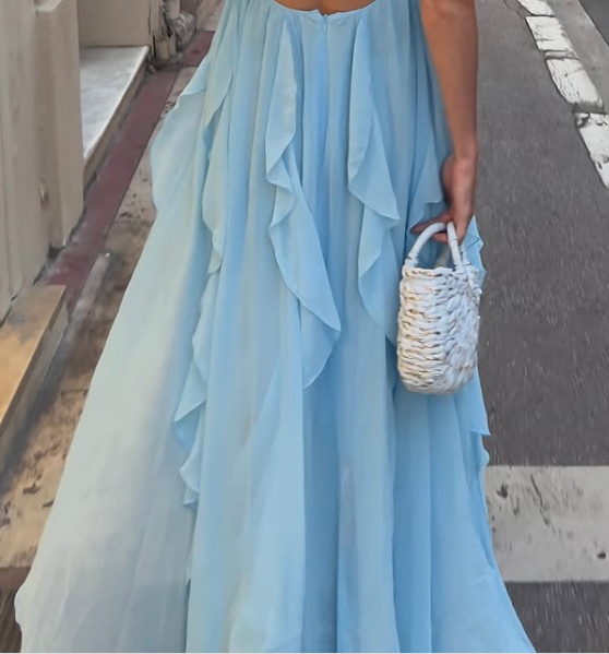 Sexy A Line Halter Blue Chiffon Backless Long Evening Dress Prom Dresses SD1660