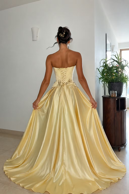 Gorgeous Yellow Satin Beaded Long Party Dress Strapless Long Birthday Prom Dress D4393