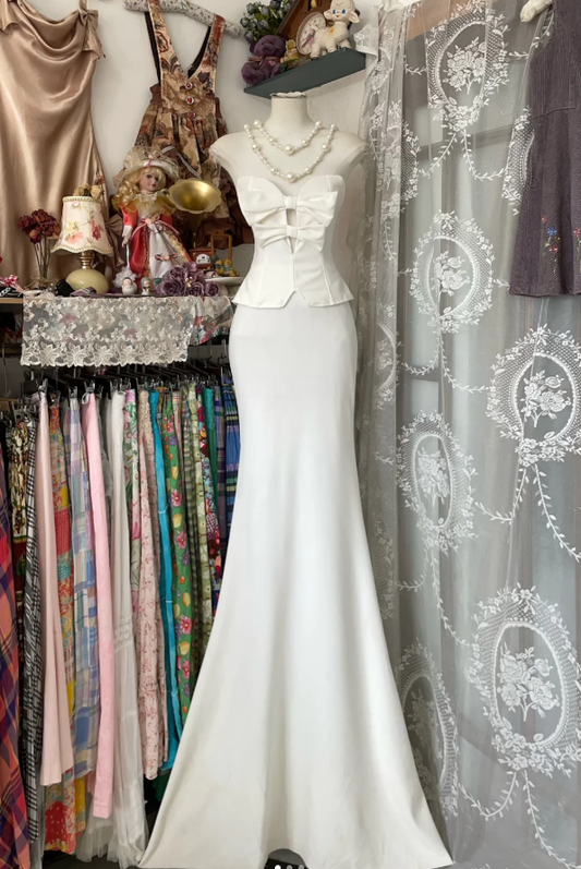 Elegant Strapless Satin Mermaid White Prom Dress Party Gown D1242