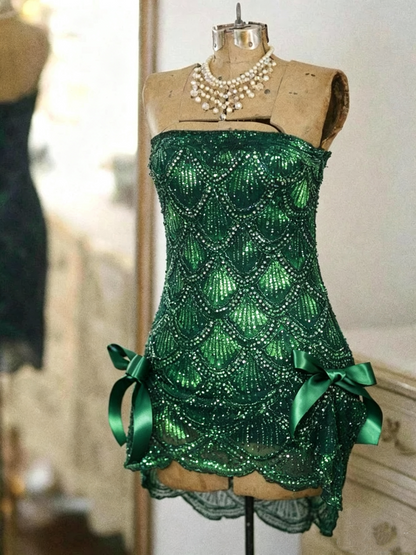 Vintage Strapless Sequin Beaded Cocktail Dress Champagne Sheath Grade Homecoming Dress Birthday Outfits S355
