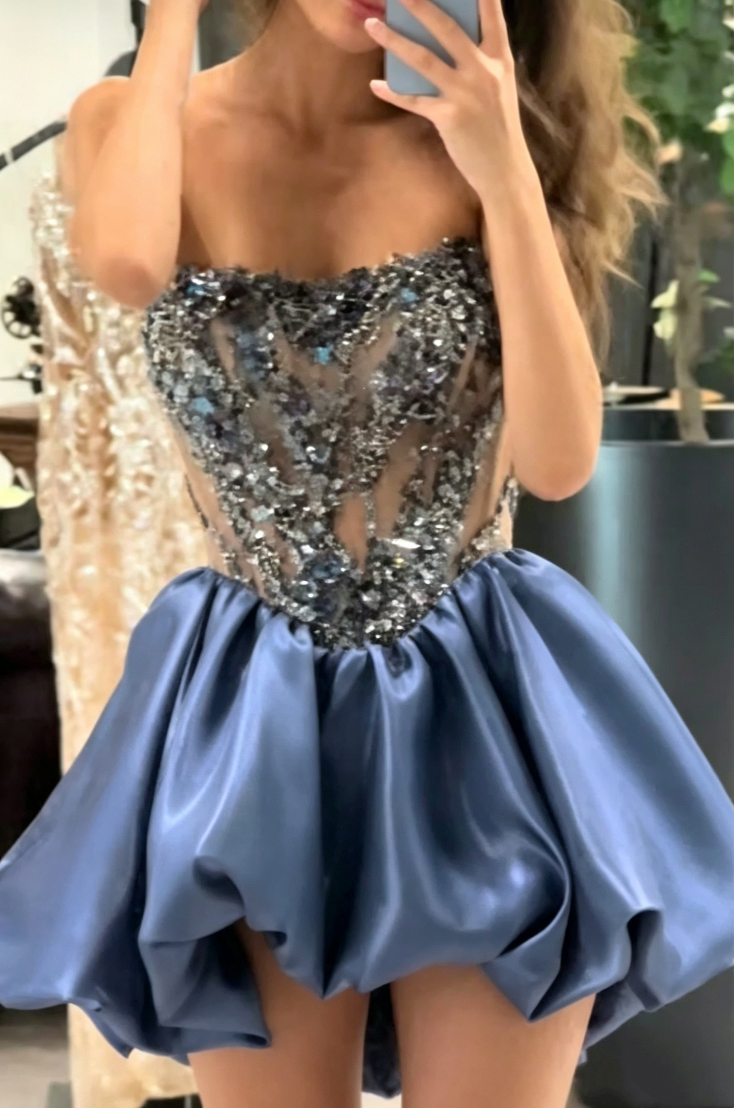 Elegant Blue Strapless Satin Beaded A Line Short 8th Grade Homecoming Dress,Mini Prom Dress D3689