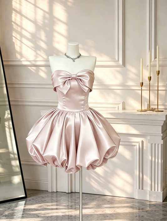 Cute Bow Satin A Line Short Birthday Dress Pink Strapless Mini 7th Grade Homecoming Dress D2568