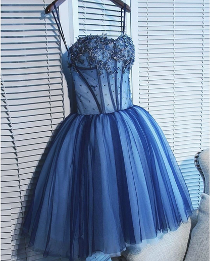 Pretty Blue Strapless Tulle Appliques A Line Short Homecoming Dress Birthday Outfits D3995