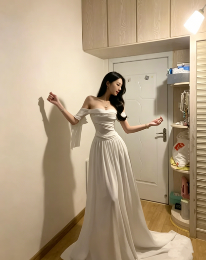 Glamorous Off The Shoulder White Chiffon Long Party Dress Wedding Guest Dress D851