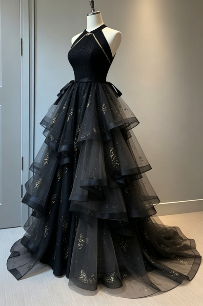 Retro Ball Gown Scoop Neckline Black Tulle Party Dress Prom Dresses Evening Dress SD1767