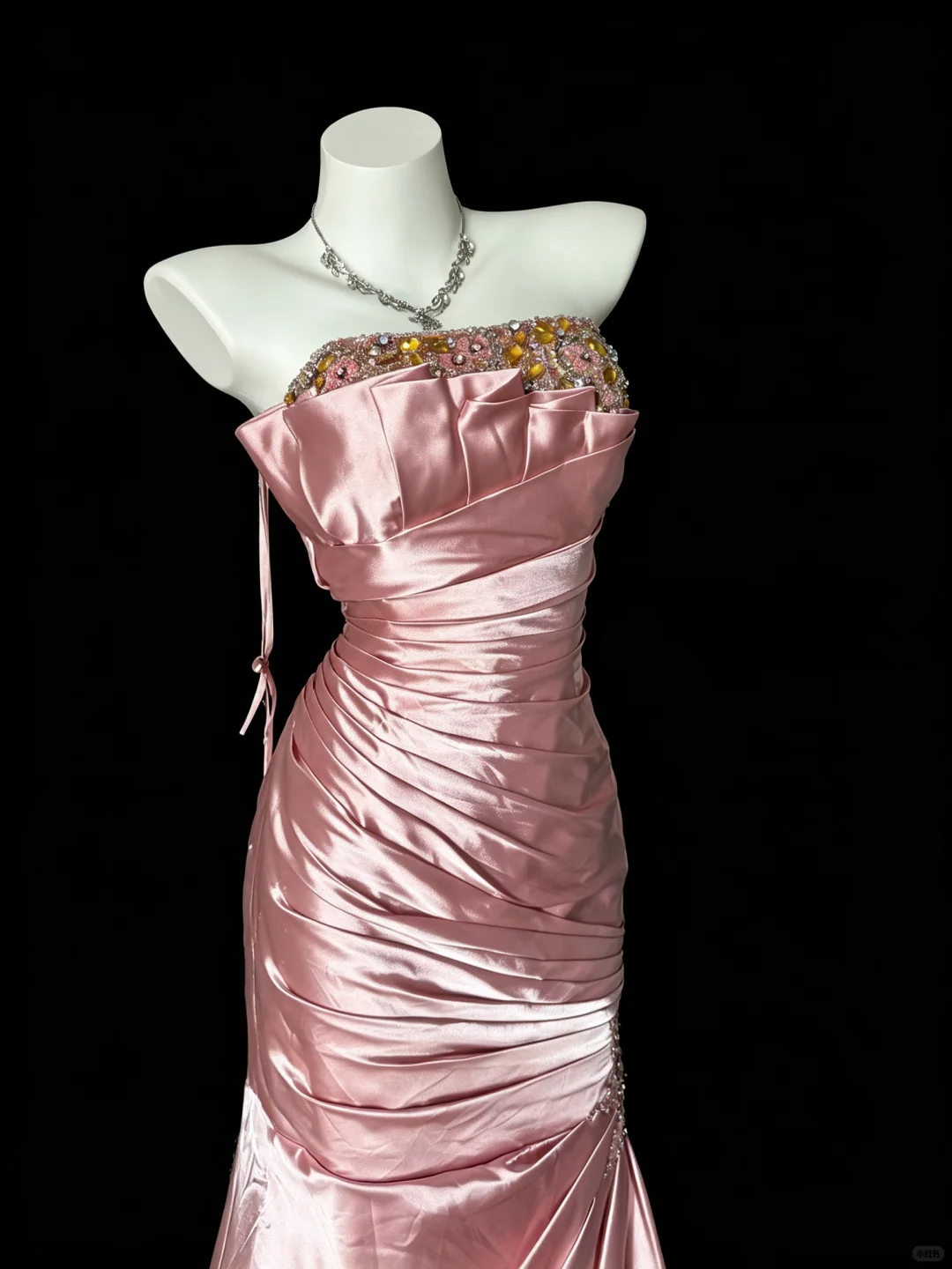 Elegant Pink Strapless Satin Beaded Mermaid Long Prom Dress Evening Dress D5224