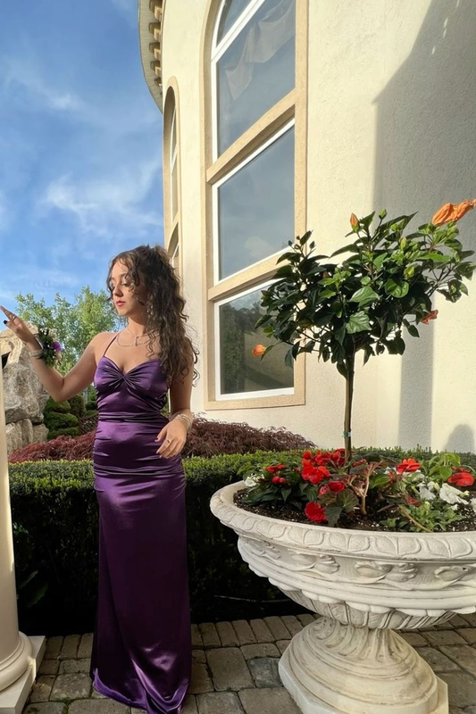 Stylish Halter Purple Satin Long Wedding Guest Dress Formal Party Dress Prom Gown D1813