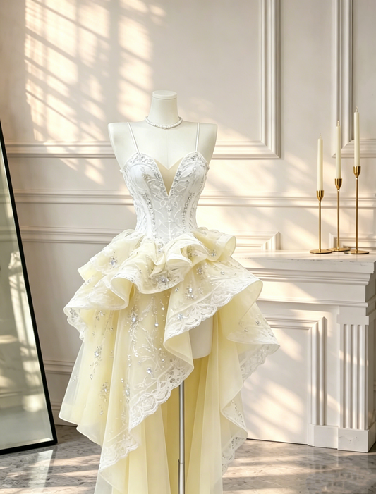 Charming Tulle Lace Layered Beaded Evening Dress Yellow Spaghetti Straps Party Dress D2668