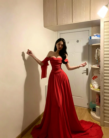 Glamorous Off The Shoulder White Chiffon Long Party Dress Wedding Guest Dress D851
