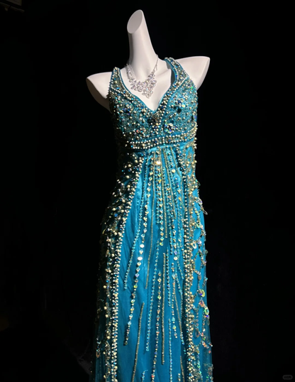 Gorgeous V Neck Blue Satin Tulle Beaded mermaid Long Party Dress Evening Dress D5076