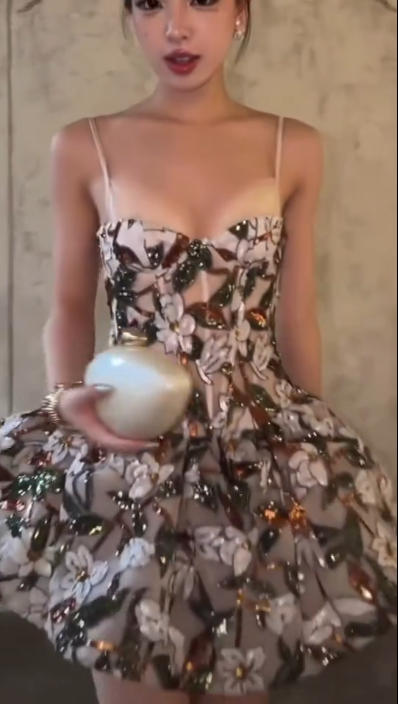 Unique Spaghetti Straps Satin Floral Sequin Short Homecoming Dress Birthday Dress D4341